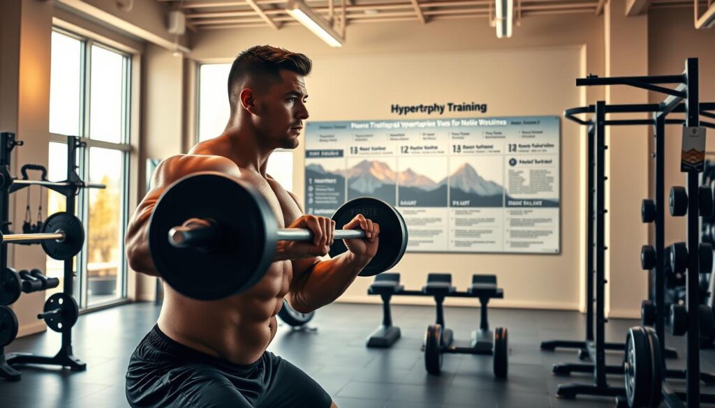 A clean, well-lit fitness studio with high ceilings and large windows. In the foreground, a muscular man performing a barbell squat, his face determined and focused. Surrounding him, various weight training equipment like barbells, dumbbells, and a weight rack. The middle ground features a large wall poster depicting different phases of the hypertrophy training process, with visual cues and workout routines. In the background, a serene landscape of mountains, creating a calming, inspiring atmosphere conducive to intense training. Warm, natural lighting illuminates the scene, highlighting the textures of the equipment and the athlete's physique. The overall tone is one of dedication, discipline, and the pursuit of muscular growth.