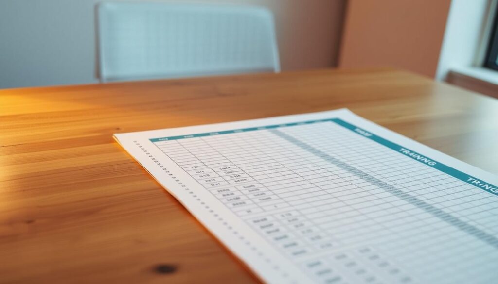 A clean, well-organized training spreadsheet on a wooden table, softly lit from the side. The spreadsheet features meticulously arranged rows and columns, showing progress over time in a variety of fitness metrics. The table is positioned against a blurred, slightly warm-toned background, creating a sense of focus and attention to detail. The overall scene conveys a professional, organized, and data-driven approach to fitness tracking, reflecting the theme of "Monitoring your progress through the spreadsheet."