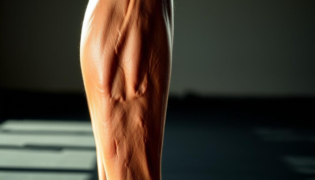 A close-up view of a muscular human leg, showing signs of fatigue and strain. The skin is flushed and slightly swollen, with visible veins and tension in the calf and hamstring muscles. The lighting is dramatic, casting long shadows that accentuate the contours of the leg. The background is blurred, with a subtle gradient that suggests an indoor, fitness-related setting. The overall mood is one of concern and the need for recovery, reflecting the themes of the article section.
