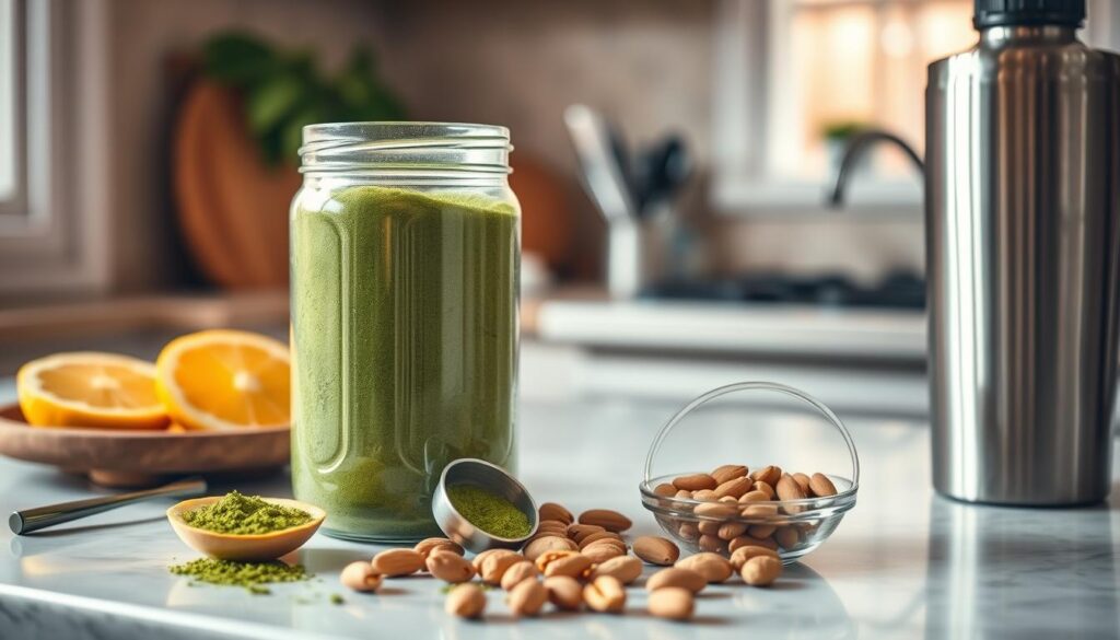 A cozy kitchen counter with an array of freshly prepared ingredients for a homemade pre-workout supplement: a glass jar filled with a vibrant green powder, a scoop, fresh citrus slices, a handful of nuts, and a steel shaker bottle. Warm, natural lighting bathes the scene, casting a soft glow on the arrangement. The focus is on the simplicity and wholesomeness of the homemade pre-workout, capturing the essence of this natural energy-boosting solution.