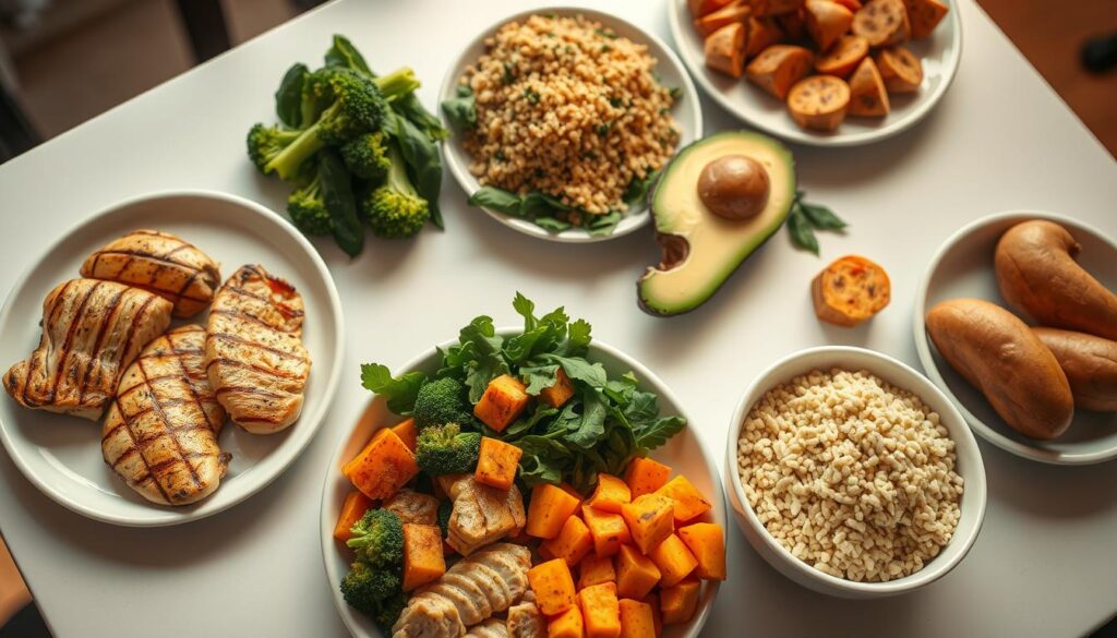 A detailed meal plan for female bodybuilders, showcasing a balanced diet of lean proteins, complex carbohydrates, and healthy fats. The image depicts a well-organized table with various food items neatly arranged, including grilled chicken, broccoli, quinoa, avocado, and sweet potatoes. The lighting is soft and warm, creating a clean and professional atmosphere. The camera angle is slightly elevated, providing a bird's-eye view of the meal plan, emphasizing its practicality and utility for female athletes. The overall mood is one of precision, discipline, and a commitment to optimal nutrition for peak performance in the world of female bodybuilding.