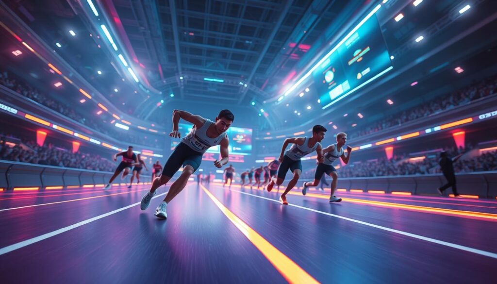 A digital arena with futuristic neon lights and sleek, minimalist interfaces. Avatars of athletes compete in a virtual track, their movements fluid and precise. The air crackles with energy, the atmosphere tense yet exhilarating. Cinematic camera angles capture the action, highlighting the competitors' determination and skill. Vibrant colors and dynamic compositions create a sense of dynamism and immersion. Subtle hints of a spectator audience in the background, adding to the atmosphere of a professional, high-stakes competition. The scene conveys a powerful message of individual drive and the thrill of pushing one's limits in a cutting-edge, technologically-advanced setting.