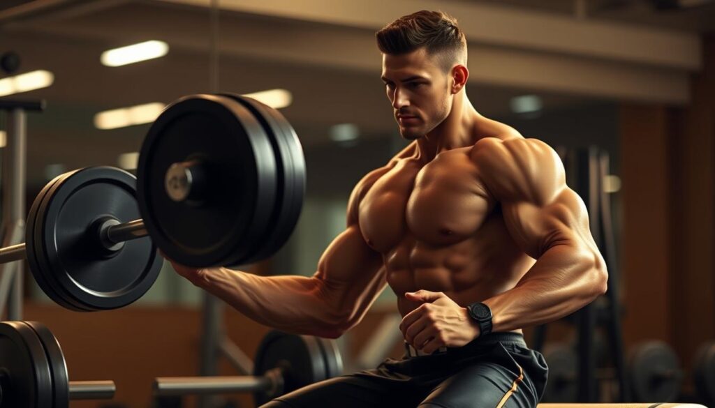 A fit and muscular person demonstrating the correct technique for weight training, with perfect form and control. The subject is shown in a well-lit gym setting, using a barbell or dumbbell to perform a compound exercise like a squat or bench press. The lighting is bright and natural, with warm hues highlighting the subject's defined muscles. The background is blurred, keeping the focus on the proper exercise execution. The overall atmosphere conveys a sense of discipline, expertise, and the importance of technique over pure heavy lifting.