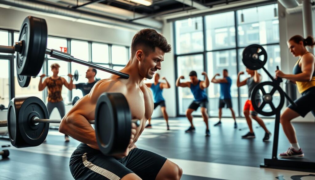 A group of people doing a full-body workout in a well-lit, modern gym. In the foreground, a person is performing a barbell squat with perfect form, their muscles straining against the weight. In the middle ground, others are executing a variety of exercises like deadlifts, shoulder presses, and lunges, their faces determined as they push through the intensity. The background depicts a clean, minimalist space with large windows allowing natural light to flood in, creating a sense of openness and energy. The overall scene conveys a focused, intense, and collaborative training environment aimed at building comprehensive muscle strength and size.