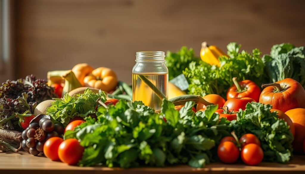 A meticulously crafted still life scene depicting a variety of fresh, high-quality whole foods arranged on a wooden table. In the foreground, a bounty of leafy greens, colorful vegetables, and ripe fruits, all bathed in warm, natural lighting that casts gentle shadows. In the middle ground, a glass jar filled with clear, pure water, symbolizing hydration. The background features a minimalist, uncluttered setting, allowing the healthy ingredients to take center stage. The overall composition conveys a sense of balance, wholesomeness, and a commitment to strategic, nutritious eating to support physical transformation. Photographed with a shallow depth of field using a high-quality DSLR lens to create a visually stunning, appetizing scene.