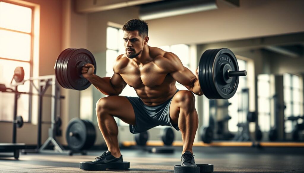 A muscular athlete performing a set of weighted squats in a well-lit gym. The subject is standing with perfect form, bracing their core and pushing through their heels. The background is blurred, but you can see exercise equipment and mirrors on the walls. Warm, natural lighting casts dramatic shadows, highlighting the subject's chiseled physique. The image conveys a sense of focus, determination, and the pursuit of physical perfection.