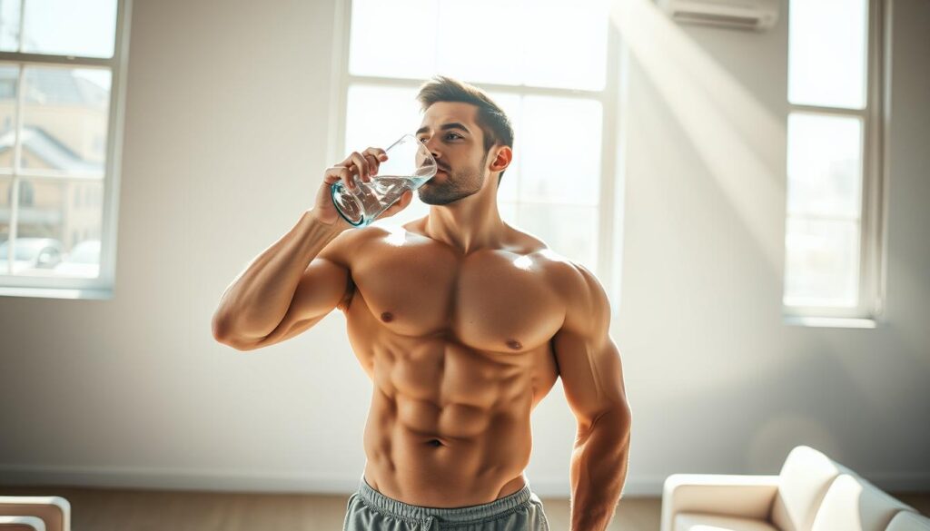 A muscular male figure stands in a bright, airy room, sipping from a glass of cool water. Sunlight streams through large windows, casting a warm glow on his well-defined physique. The man's expression is one of focus and determination, underscoring the importance of hydration for muscle growth and recovery. The background features minimal, clean-lined furnishings, allowing the central subject to take center stage. Captured with a medium-wide lens, the composition emphasizes the model's powerful, athletic build while maintaining a sense of balance and harmony within the frame. The overall mood is one of health, vitality, and the disciplined pursuit of physical transformation.