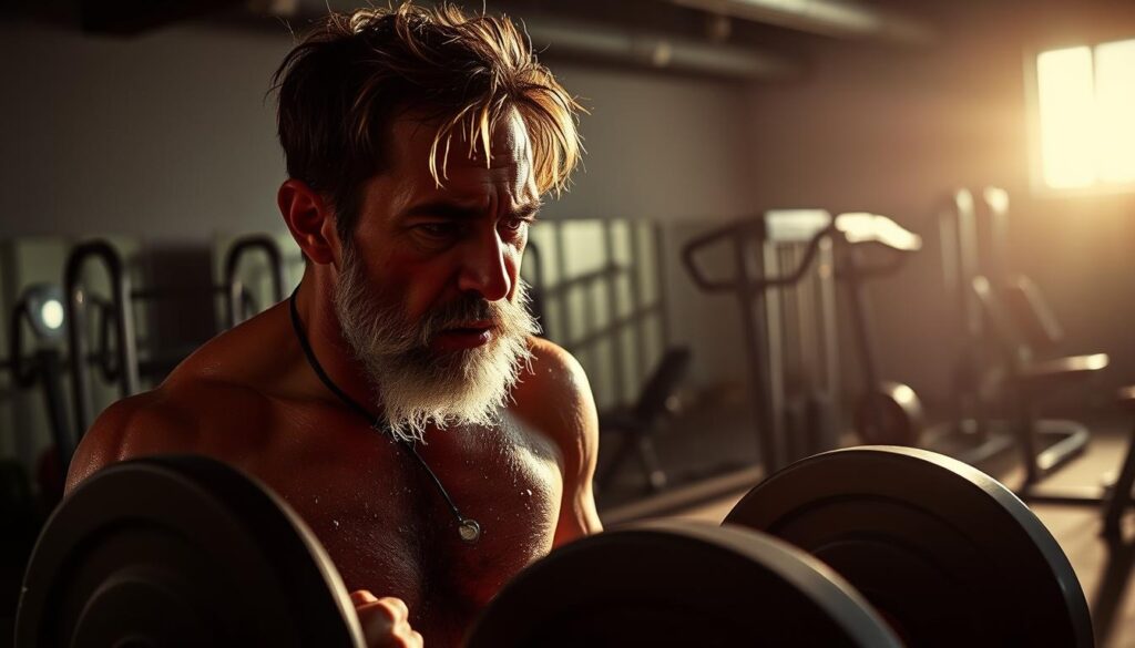 A person heavily sweating and looking dehydrated, struggling to continue a weight lifting exercise in a dimly lit gym. The foreground features a fatigued individual with a strained expression, dripping with perspiration, as they strain to lift a barbell. The middle ground shows a sparse gym setting with equipment racks and exercise machines in the background, casting long shadows. The lighting is harsh, creating dramatic contrasts and a sense of physical exertion. The overall atmosphere conveys the risks and dangers of exercising while dehydrated, emphasizing the importance of proper hydration for muscle training.
