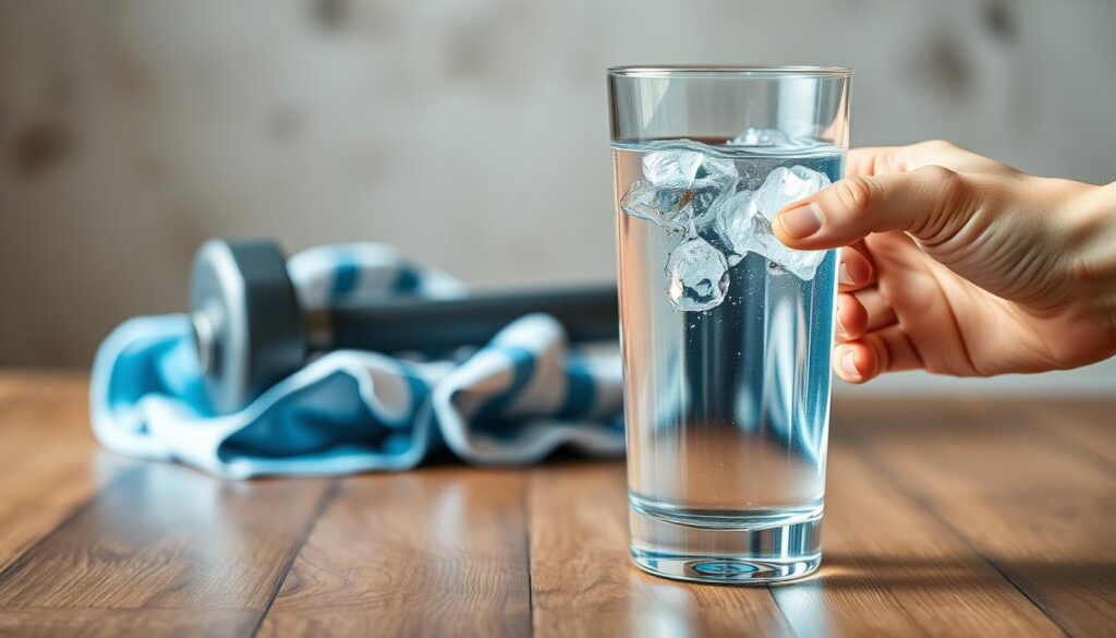 A refreshing glass of cool, clear water on a wooden table, illuminated by soft, natural lighting. In the foreground, a hand grasps the glass, symbolizing the act of hydration. The middle ground features a dumbbell and a sports towel, alluding to the importance of maintaining proper hydration during physical activity. The background has a blurred, neutral setting, allowing the viewer to focus on the central elements. The overall scene conveys a sense of balance, health, and the vital role of hydration in athletic performance and muscle recovery.
