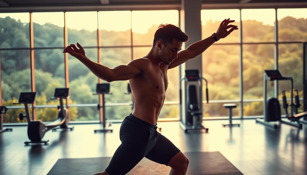 A serene, well-lit gym setting with floor-to-ceiling windows overlooking a lush, verdant landscape. In the foreground, a toned, determined individual performs a series of dynamic stretches, their form and focus evident. The middle ground features an array of state-of-the-art fitness equipment, inviting the viewer to visualize their own fitness journey. The background is suffused with a warm, golden glow, conveying a sense of energy and vitality. The overall atmosphere is one of calm, purposeful movement, inspiring the viewer to embark on their own fitness odyssey.