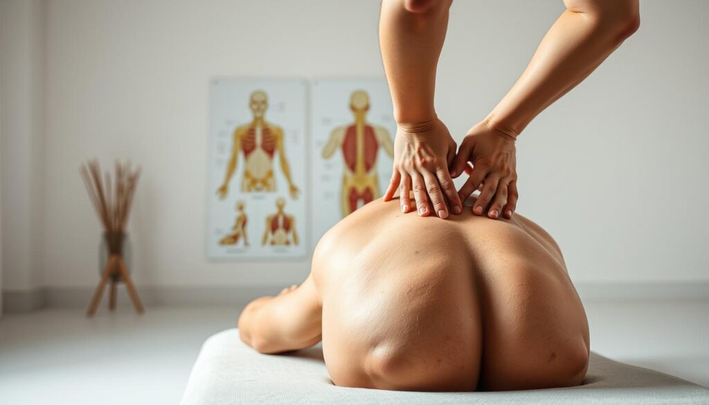 A serene, well-lit studio scene capturing the process of myofascial release. In the foreground, a person's hands gently kneading and manipulating the soft tissues of a subject's back, promoting flexibility and recovery. The middle ground features anatomical diagrams and illustrations highlighting the interconnected layers of muscle, fascia, and connective tissue. The background is a clean, minimalist setting with soft, diffused lighting, creating a calming, therapeutic atmosphere. The overall composition conveys the importance of this recovery technique, its scientific foundations, and the holistic approach to muscular rehabilitation.