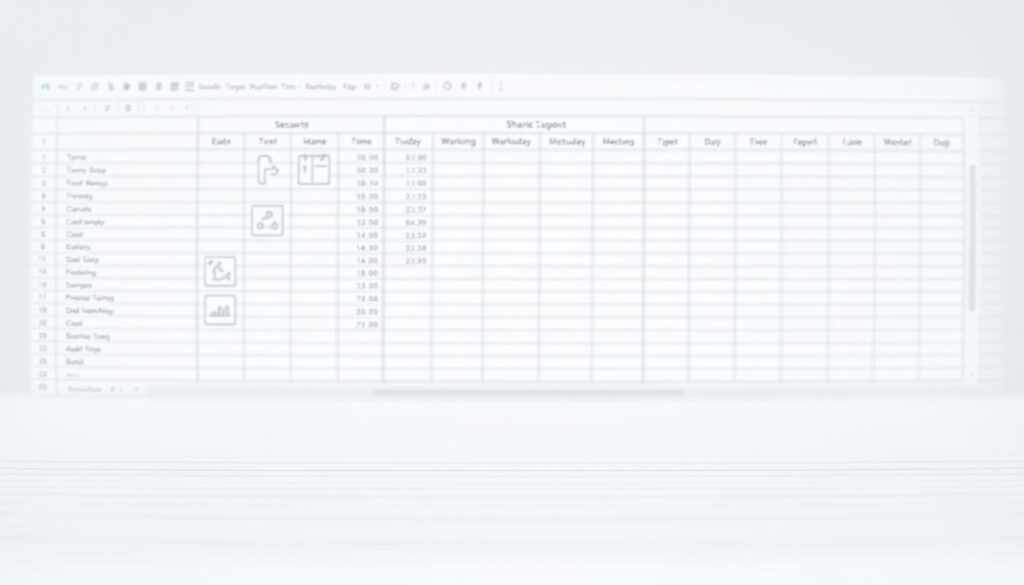 A sleek, minimalist spreadsheet with a clean, professional layout. The foreground features a simple grid of rows and columns, with a neutral color scheme and subtle gridlines. The middle ground showcases various icons and graphs, representing the different data points being tracked, such as exercise routines, workout times, and progress metrics. The background has a soft, blurred effect, creating a sense of depth and focus on the central spreadsheet. The overall mood is one of organization, efficiency, and personal growth, reflecting the subject of the article.