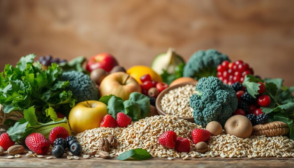 A still life scene depicting a collection of various fibrous foods. In the foreground, an assortment of fresh vegetables and fruits, including leafy greens, broccoli, apples, and berries, arranged in a natural, organic manner. In the middle ground, a scattering of whole grains, such as quinoa, oats, and brown rice, along with a handful of nuts and seeds. In the background, a subtly blurred backdrop of earthy tones, conveying a sense of warmth and nourishment. The lighting is soft and diffused, creating a calming, inviting atmosphere. The overall composition emphasizes the vibrant colors, textures, and natural richness of these high-fiber ingredients.