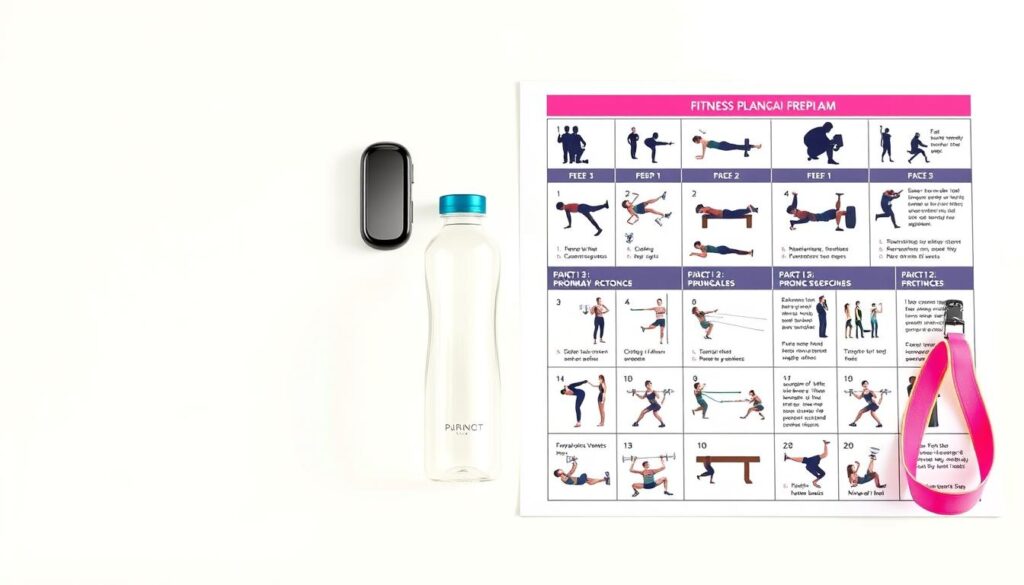 A vibrant and dynamic fitness plan unfolds on a clean, minimalist background. In the foreground, a well-organized workout routine with a variety of exercises, weights, and resistance bands is displayed in a grid layout, showcasing a comprehensive program designed for effective weight loss. The middle ground features a sleek, modern fitness tracker and water bottle, symbolizing the importance of monitoring progress and staying hydrated. The background is softly lit, with a subtle gradient that evokes a sense of focus and determination. The overall atmosphere is one of clarity, efficiency, and a strong commitment to achieving weight loss goals through a tailored, science-backed training regimen.