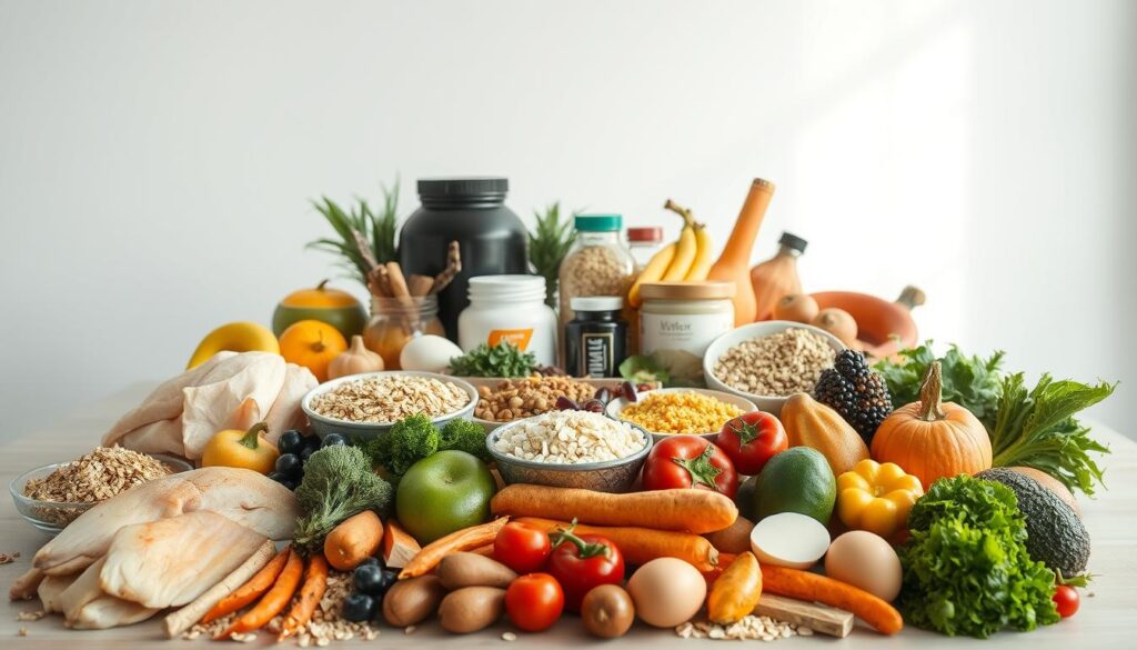 A vibrant and nutritious spread of wholesome foods, meticulously arranged to highlight the importance of proper nutrition for muscle hypertrophy. In the foreground, a selection of lean proteins like chicken, fish, and eggs, complemented by complex carbohydrates such as oats, quinoa, and sweet potatoes. Surrounding these are an array of fresh fruits and vegetables, bursting with essential vitamins and minerals. The middle ground features supplements like whey protein, creatine, and amino acids, symbolizing the crucial role they play in supporting muscle growth and recovery. In the background, a clean, minimalist environment with soft, natural lighting, creating a serene and focused atmosphere conducive to a balanced, hypertrophy-focused lifestyle.