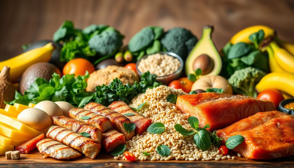 A vibrant still life showcasing an assortment of natural anabolic superfoods. In the foreground, a bountiful array of lean proteins, such as grilled chicken breasts, grass-fed beef, and wild-caught salmon, arranged in a balanced composition. In the middle ground, a variety of complex carbohydrates like whole-grain brown rice, quinoa, and nutrient-dense leafy greens, complementing the protein sources. The background features an array of fruits and vegetables, including bananas, avocados, broccoli, and spinach, all brimming with essential vitamins, minerals, and phytonutrients. The scene is illuminated by warm, diffused lighting, casting a natural glow and emphasizing the fresh, wholesome nature of the ingredients. The overall mood is one of health, vitality, and the power of nature-based muscle-building solutions.