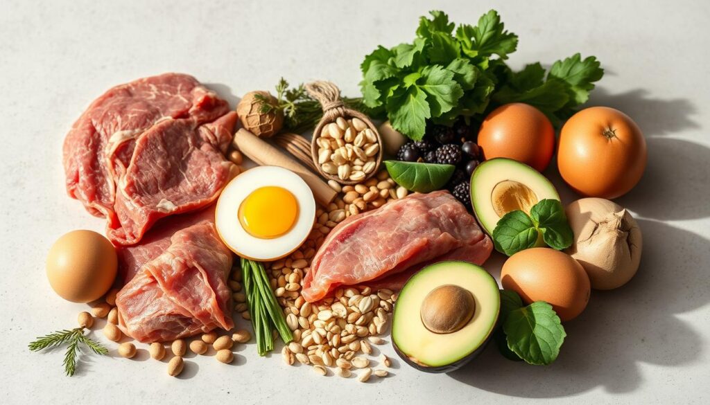 A well-lit, high-quality studio photograph of a selection of natural, whole food ingredients commonly associated with anabolic properties - such as high-protein foods like lean meats, eggs, fish, legumes, nuts and seeds, as well as nutrient-dense fruits and vegetables. The ingredients should be neatly arranged on a clean, neutral-colored surface, with natural lighting that casts soft shadows and highlights the textures and colors of the foods. The composition should be balanced and visually appealing, conveying a sense of health, vitality and the potential for muscle growth through a natural, whole-food based diet.