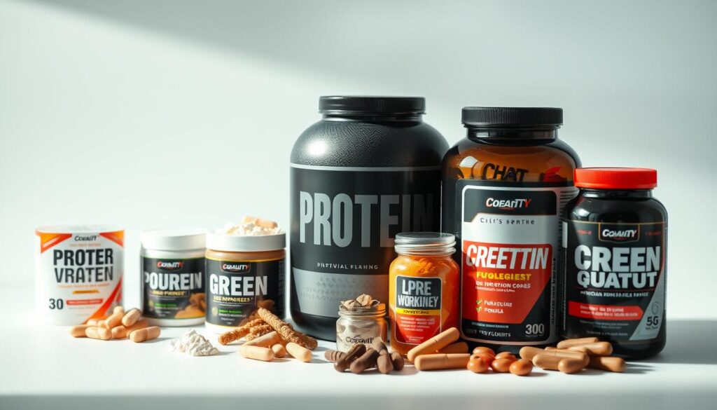 A well-lit, high-quality studio photograph of various sports nutrition supplements including protein powder, creatine, and pre-workout formulas, arranged artfully on a clean, minimalist background with soft shadows and highlights to emphasize their textures and colors. The supplements are presented in an informative, visually appealing manner that showcases their form and function, conveying a sense of their importance for muscle growth and athletic performance.