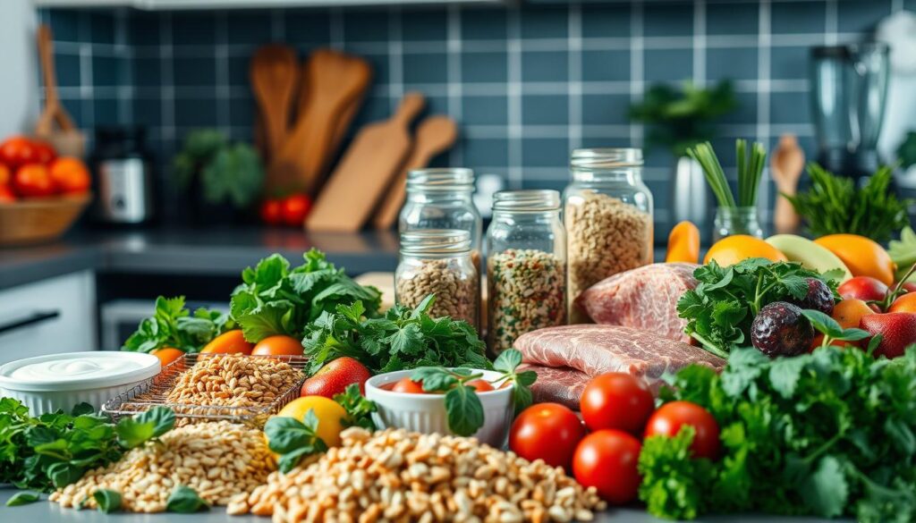 A well-lit kitchen countertop filled with an assortment of fresh, colorful fitness ingredients. In the foreground, a variety of whole grains, leafy greens, vibrant fruits, and protein-rich foods like lean meats and Greek yogurt are artfully arranged. The middle ground features glass jars of nuts, seeds, and spices, conveying a sense of wholesome, nutrient-dense options. In the background, a few small kitchen appliances, such as a blender and a food processor, suggest the preparation of healthy, delicious recipes. The overall mood is clean, inviting, and inspirational, encouraging the viewer to embrace a fitness-oriented lifestyle.