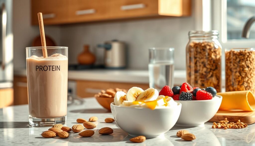 A well-lit, modern kitchen countertop with an assortment of post-workout nutrition items arranged neatly. In the foreground, a protein shake with sliced banana and a sprinkle of cinnamon, accompanied by a handful of roasted almonds. In the middle ground, a bowl of Greek yogurt topped with fresh berries and a drizzle of honey. In the background, a jar of high-protein granola and a glass of water. The scene is bathed in warm, natural lighting, creating a clean, healthy, and inviting atmosphere.
