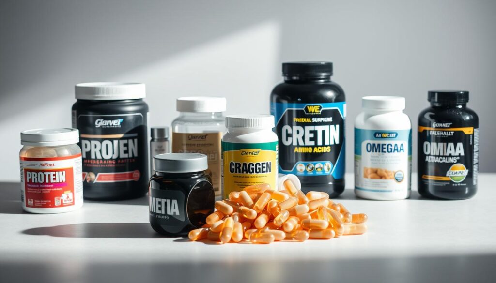 A well-lit, still-life studio shot of various bodybuilding supplements, including protein powder, branched-chain amino acids, creatine, and omega-3 capsules, arranged on a clean, neutral-colored surface. The lighting should be soft and natural, accentuating the textures and colors of the products. The composition should be balanced and visually appealing, with the supplements positioned to suggest their purpose and role in muscle-building, but without any overt signage or text. The overall mood should be informative and educational, highlighting the supplements as tools for physical improvement, rather than as essential or indispensable elements of the process.