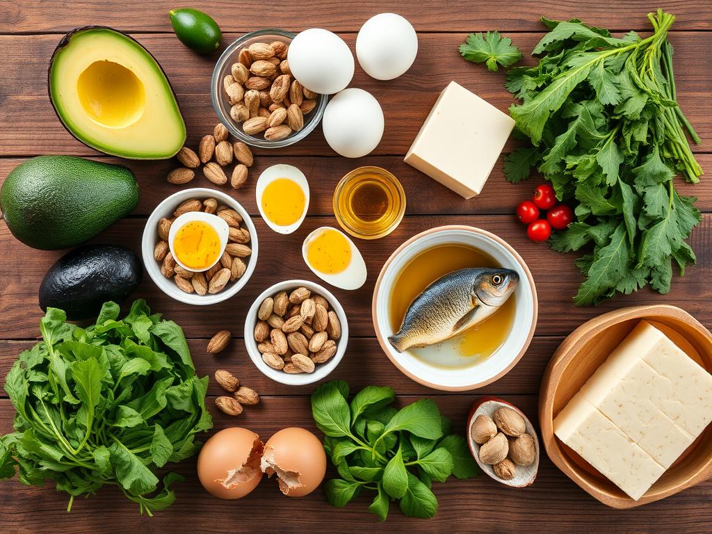 Alimentos permitidos na dieta cetogênica organizados em uma mesa Alimentos permitidos na dieta cetogênica organizados em uma mesa