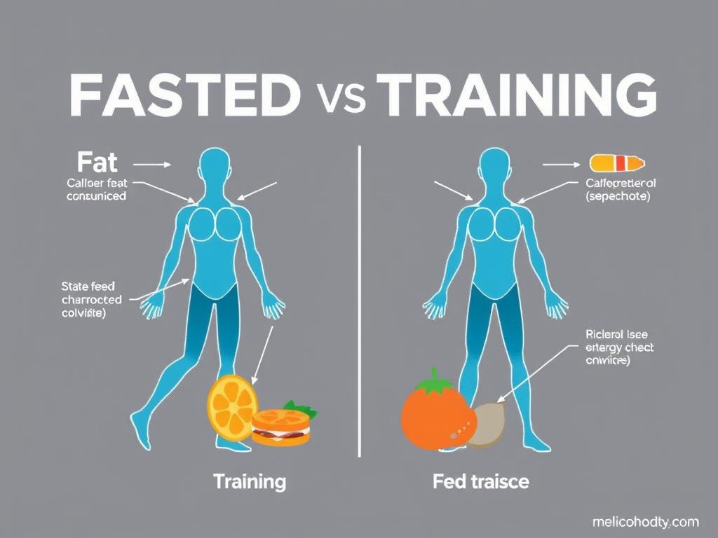 Comparação entre treino em jejum e treino alimentado mostrando diferentes fontes de energia