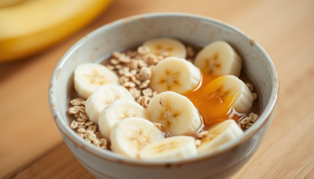 Geração de imagem: uma tigela com banana fatiada, aveia e mel.