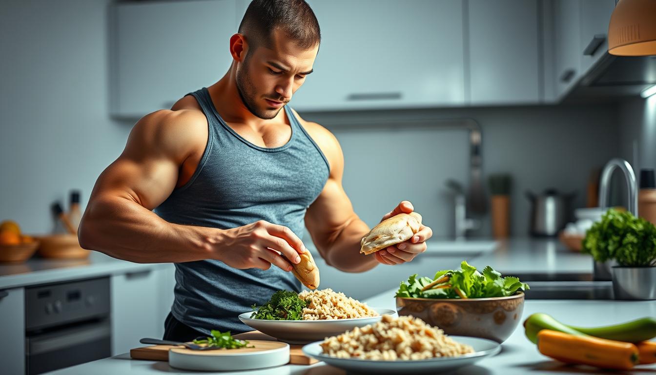 Homem preparando refeição rica em proteínas para dieta de ganho de massa muscular
