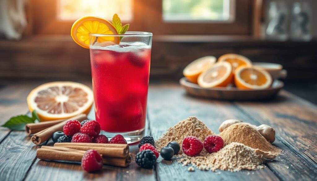 Homemade pre-workout: a vibrant display of natural energy boosters. In the foreground, an assortment of superfoods - vibrant berries, cinnamon sticks, and a scoop of protein powder. The middle ground showcases a glass filled with a fizzing, nutrient-rich elixir, surrounded by fresh citrus slices and a sprinkle of ginger. The background features a rustic wooden table, with sunlight streaming in through the window, casting a warm, inviting glow. The scene conveys a sense of simplicity, health, and the power of nature to fuel your workout routine.