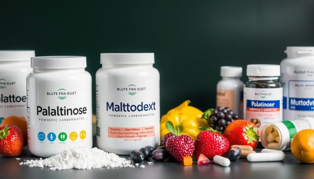 Imagem de carboidratos em pó, com frascos de palatinose e maltodextrina ao lado de frutas e outros suplementos.
