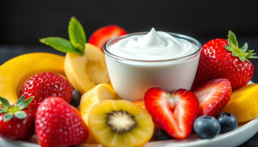 Imagem de um café da manhã fitness com frutas e iogurte
