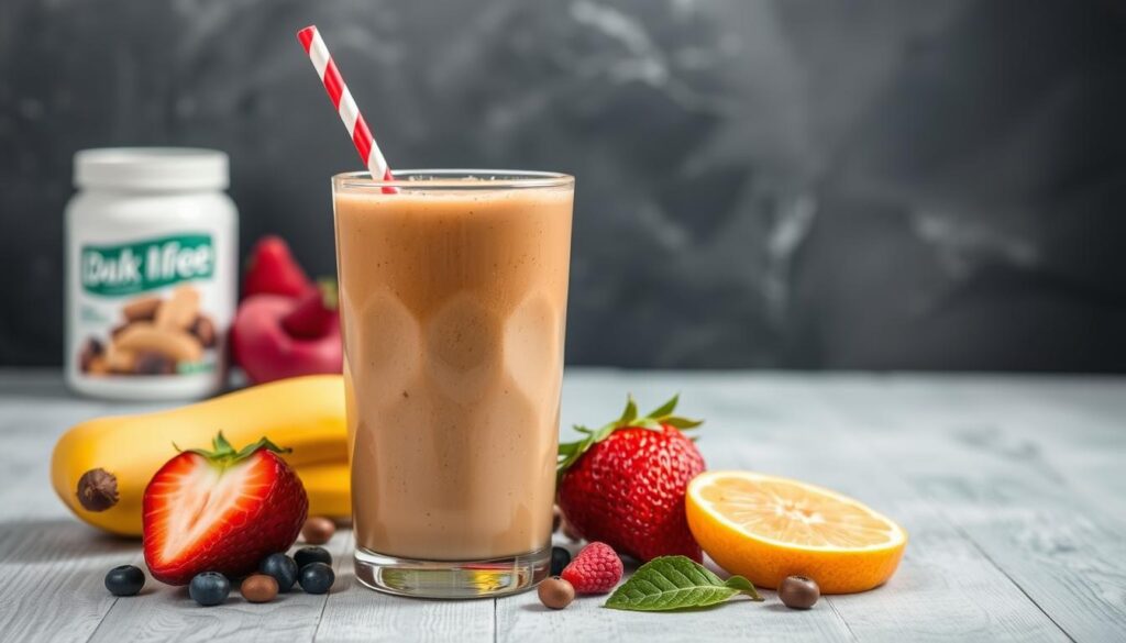 Imagem de um smoothie de café proteico com proteínas em pó e frutas