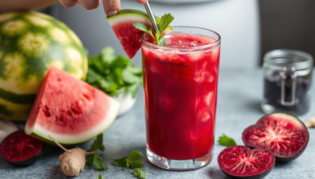 Imagem de um suco de melancia com beterraba e gengibre sendo preparado