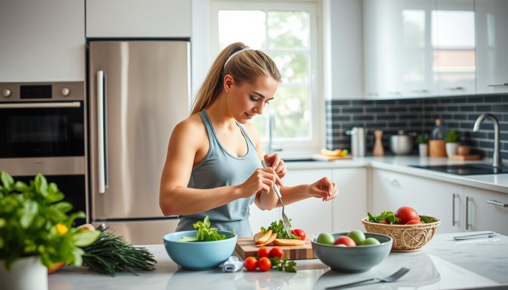 Imagem de uma atleta feminina preparando uma refeição saudável