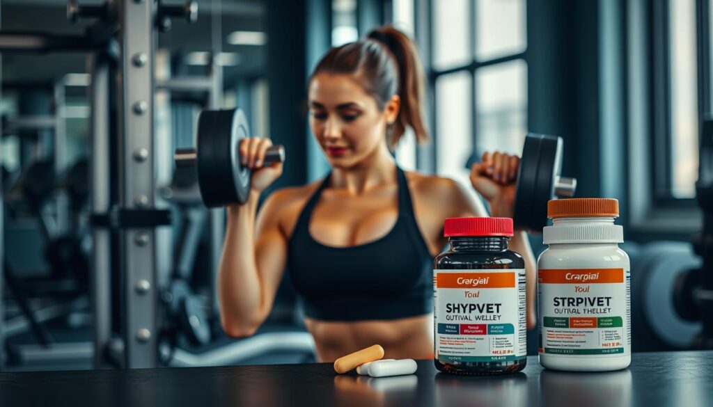 Imagem de uma mulher praticando musculação com suplementos ao lado