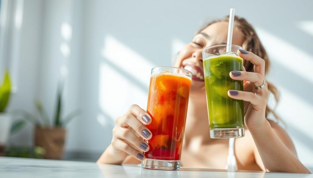 Imagem de uma pessoa bebendo um suco detox