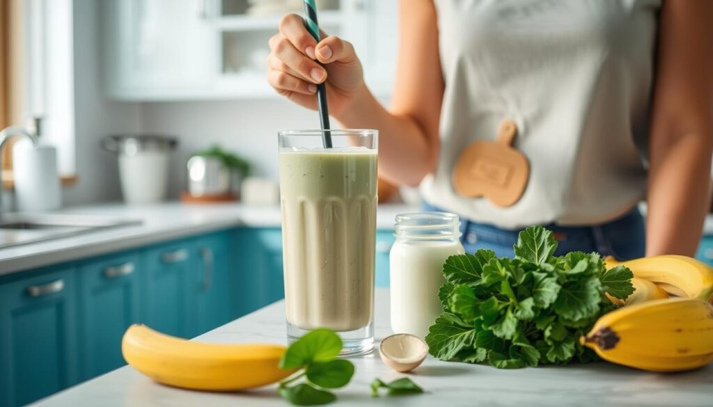 Imagem de uma pessoa preparando um shake de proteína vegetal