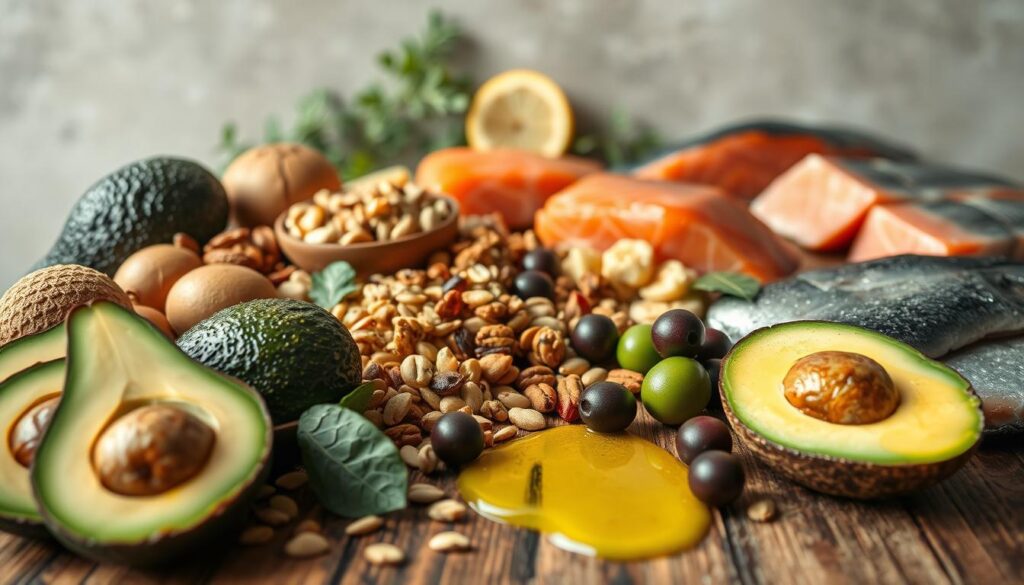 Lush, vibrant assortment of healthy fats-rich foods, artfully arranged on a rustic wooden surface. In the foreground, a selection of avocados, nuts, and seeds, bathed in natural light. In the middle ground, a drizzle of premium olive oil and a scattering of olives. The background features a variety of fish, such as salmon and tuna, against a muted, earthy backdrop, conveying a sense of balance and nutritional richness. The scene exudes a warm, inviting atmosphere, highlighting the importance of incorporating these essential dietary components for hormone production and muscle growth.