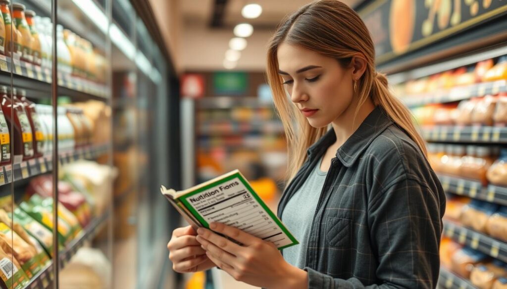 Pessoa analisando rótulos nutricionais em supermercado Pessoa analisando rótulos nutricionais em supermercado