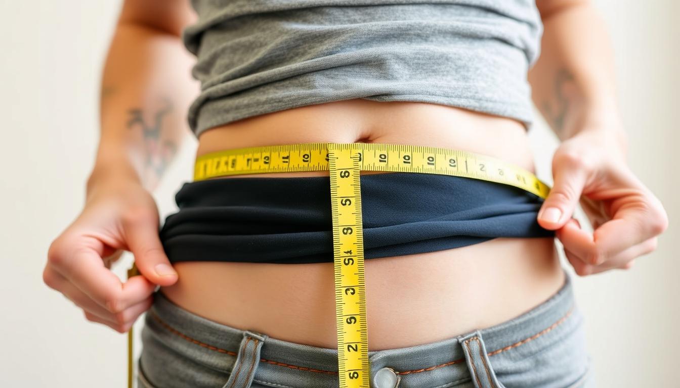 Pessoa medindo a cintura com fita métrica após perder gordura abdominal