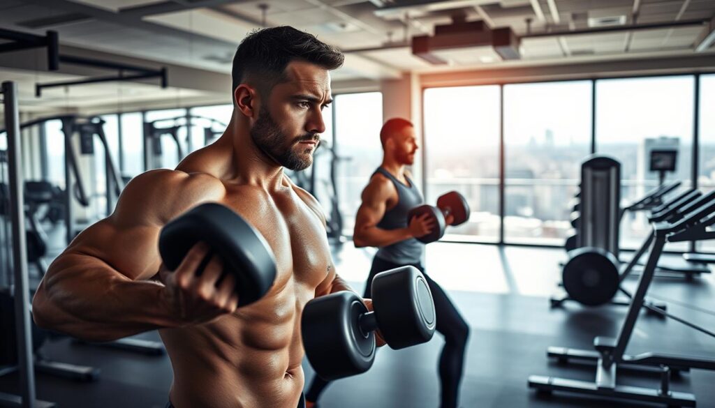 Prompt A high-intensity workout session in a well-equipped gym. The foreground features a muscular athlete performing intense strength training exercises with free weights, their face and body expression conveying determination and focus. The middle ground shows a spacious, modern gym environment with sleek exercise equipment, natural lighting streaming through large windows, and a minimalist design aesthetic. The background depicts a panoramic view of a vibrant urban skyline, hinting at the dynamic energy and dedication required for solo high-intensity training. The overall scene exudes a sense of power, discipline, and the transformative potential of intense individual workouts.