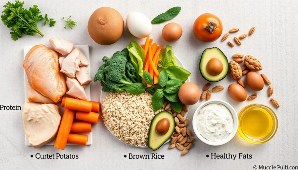 Variedade de alimentos para dieta para ganhar massa muscular organizados por macronutrientes